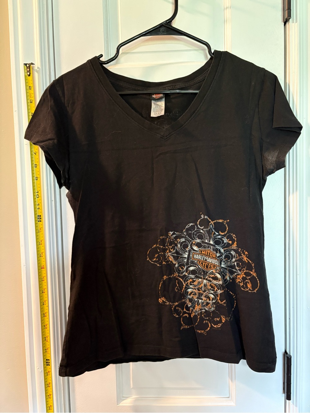 Harley-Davidson Black Women’s V-Neck Tee with Orange and Silver Graphic